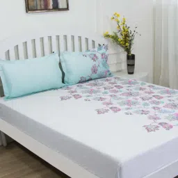 GMF Aqua & White Cotton 144 TC Bed Sheet Set-image-133