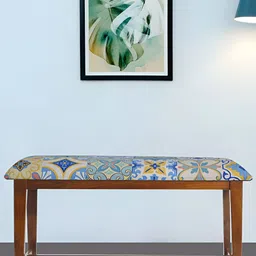 GLOBALLY INDIAN Blue & White Sheesham Wooden Cushioned Rectangle Bench-36