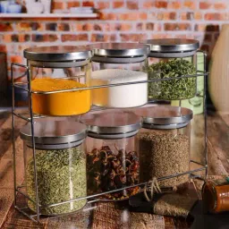 Goodhomes Glass Storage Jars, Stand (650 ml, 450 ml)-Set of 7 (3pcs Large, Small Jar with 1pc Stand)-image-57