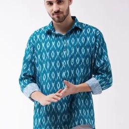 Vastramay Turquoise Cotton Straight Fit Printed Shirts-image-94