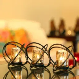 HOSLEY Black Iron Decorative Tealight Holders with Glass - Set of 3-image-94