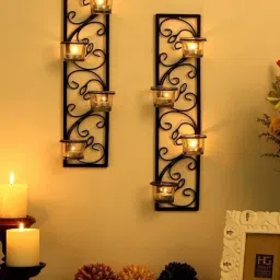 HOSLEY Black Iron Decorative Wall Sconce Candle Holder with T-light Candles - Set of 2-18