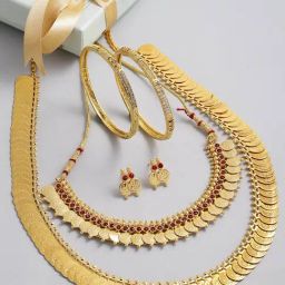 Zeneme Gold Plated Red White Stone Studded Temple Jewellery Set-image-75