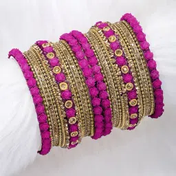 Peora Gold Plated Traditional Rani Pink Floral Rose Metal Chura Chuda Bangle Set for Women-image-42