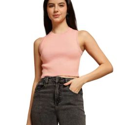 FEMEA Peach Cotton Solid Sleeveless Crop Top-image-93