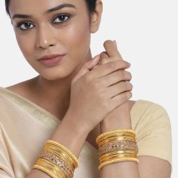 Peora Gold Plated Red Metal Chura Chuda Bangle Set for Women Wedding Bridal Traditional Jewellery-image-87
