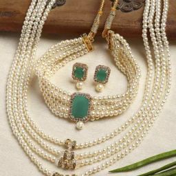 Zeneme Gold Plated Green Stone Studded Pearl Beaded Jewellery Set-11