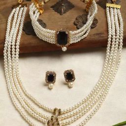 Zeneme Gold Plated Black Stone Studded Beaded Layered Temple Jewellery Set-2