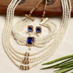 Zeneme Gold Plated Blue Stone Studded Pearl Beaded Layered Jewellery Set-image-74
