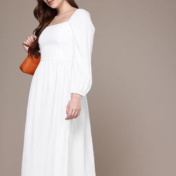 French Connection Square Neck Puff Sleeves Gathered or Pleated Smocked A-Line Midi Dress-image-97
