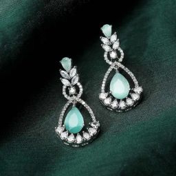 Zeneme Rhodium Plated Silver Toned Sea Green AD Drop Earrings-18