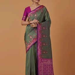 Monjolika Fashion Dark Olive & Purple Banarasi Silk Zari Work Saree With Blouse-image-70