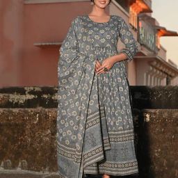 Zari Jaipur Dark Grey Printed A Line Kurta With Dupatta-image-55