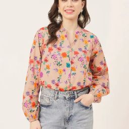 Moomaya Beige Cotton Floral Print Shirt-image-66