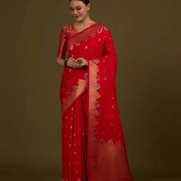 Monjolika Fashion Red Banarasi Silk Paisley Print Saree With Blouse-image-12
