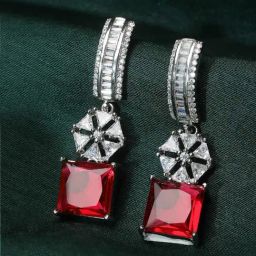 Zeneme Silver Plated Rhodium Red AD Studded Drop Earrings-27
