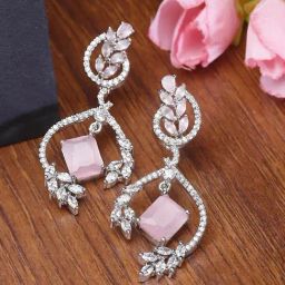 Zeneme Rhodium Plated Pink AD Crytsal Studded Drop Earrings-image-92