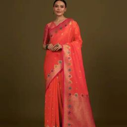Monjolika Fashion Dark Peach Banarasi Silk Paisley Print Saree With Blouse-image-87