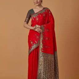 Monjolika Fashion Red Banarasi Silk Zari Work Saree With Blouse-image-75