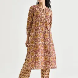 Rustorange Beige Floral Print A Line Kurta-image-44
