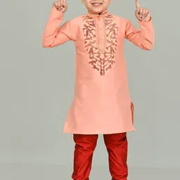NFC CREATION Boys Ethnic Motifs Embroidered Regular Thread Work Dupion Silk Kurta with Pyjamas-5