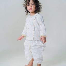 Tiber Taber Full Sleeves Moon Embroidered Kurta & Dhoti - White-image-45