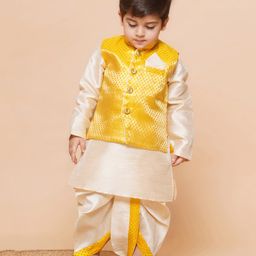 AJ Dezines Raw Silk Full Sleeves Solid Kurta With Ethnic Motif Foil Self Design Jacket & Coordinating Dhoti - Yellow-image-95
