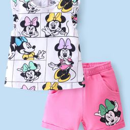 Babyhug Disney Cotton Knit Single Jersey Frill Sleeve T-Shirt & Shorts With Minnie Mouse Print - White & Pink-image-77