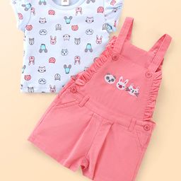 Toffyhouse Cotton Half Sleeves T-Shirt & Dungaree Set Animal Print & Embroidery - Pink-picture-10