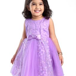 Babyhug Woven Sleeveless Party Wear Frock with Bow & Floral Applique - Lilac-image-83