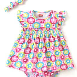 Babyhug 100% Cotton Knit Half Sleeves Onesies with Hair Band Floral Print - Multicolor-image-76