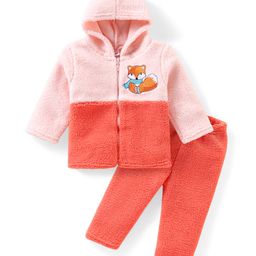 Babyhug Fur Woven Full Sleeves Hooded Winter Wear Suit With Fox Embroidery - Orange-image-36