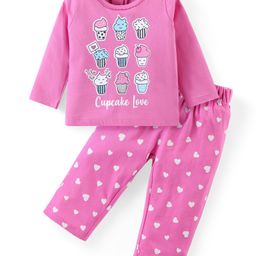 Babyhug Cotton Knit Full Sleeves Night Suit With Cupcakes & Hearts Print - Pink-image-78
