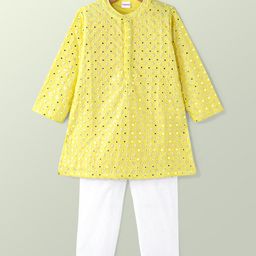 Babyhug Woven Full Sleeves Mirror Embroidered Kurta & Pyjama Set - Yellow-image-20