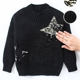 Babyhug Knitted Full Sleeves Shimmered Pullover Sweater with Reversible Sequins Detailing - Black-image-25