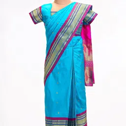Bhartiya Paridhan Silk Nauvari Saree with Half Sleeves Zari Blouse - Firozi-picture-4