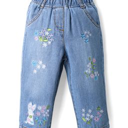 Kookie Kids Cotton Lycra Denim Full Length Jeans with Floral Embroidery Detailing -Blue-picture-48