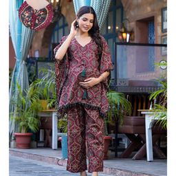 Aujjessa Cotton Batwing Sleeves Floral Printed & Lace Embellished Maternity Feeding Night Suit with Concealed Zipper Nursing AccessMaroon Grey-image-81