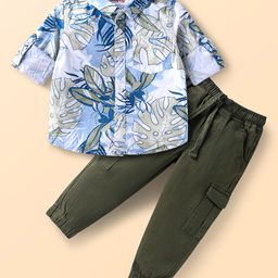 Babyhug Cotton Woven Full Sleeves Leaves Printed Shirt & Joggers Set - Blue &Dark Green-image-33