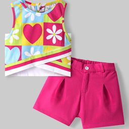 Ollington St. Cotton Lycra Sleeveless Printed Top & Shorts Set - Multicolor & Pink-image-68