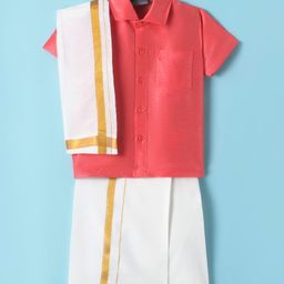 Dapper Dudes Half Sleeves Solid Shirt With Mundu & Angavastram Set - Dark Peach-image-55