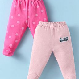 Ben Benny 100% Cotton Knit Full Length Footed Leggings with Polka Dots & Text Print Pack of 2 - Dark Pink & Baby Pink-image-80