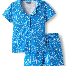 Pine Kids Single Jersey Knit Half Sleeves Co-ords Shorts Night Suit with Text Print - Blue-picture-17