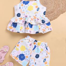 TOONYPORT Cotton Sleeveless Floral Printed Coordinating Top & Shorts Set - Multi Colour-image-73