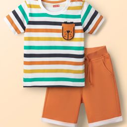 Babyhug Single Jersey Knit Half Sleeves T-Shirt & Shorts Set With Stripes & Animal Patch - Rust Orange-image-34