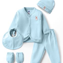 Simply Interlock Knit Full Sleeves Night Suit With Cap Bibs & Mittens - Aqua Blue-96