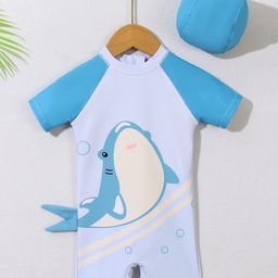 Babyhug Half Raglan Sleeves Legged Swimsuit With Shark Print & Cap - Light Blue-image-85