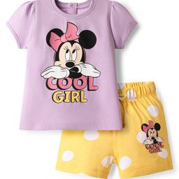 Kookie Kids Disney Single Jersey Knit Half Sleeves Shorts Night Suit With Minnie Mouse Graphics - Purple & Yellow-image-83