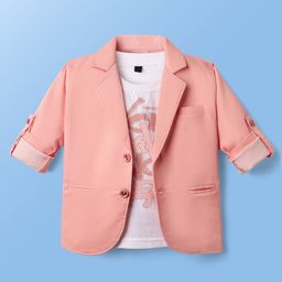Rikidoos Full Sleeves Textured Blazer With You Have No Idea Text Printed Tee Set - Peach & White-image-32