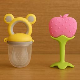 Badal Kidz Presents combo of 2 includes 1 Standing Fruit Teether and 1 Mickey Fruit Feeder - Pink , Yellow-image-70
